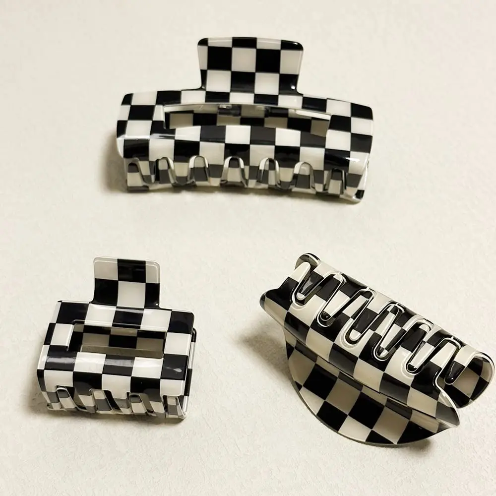 Chessboard Style Hair Clip 3-piece Set Retro Checkered Claw Clip Hair Clip Nonslip Checkered Claw Clips (3 Sizes) Beauty & Personal Care