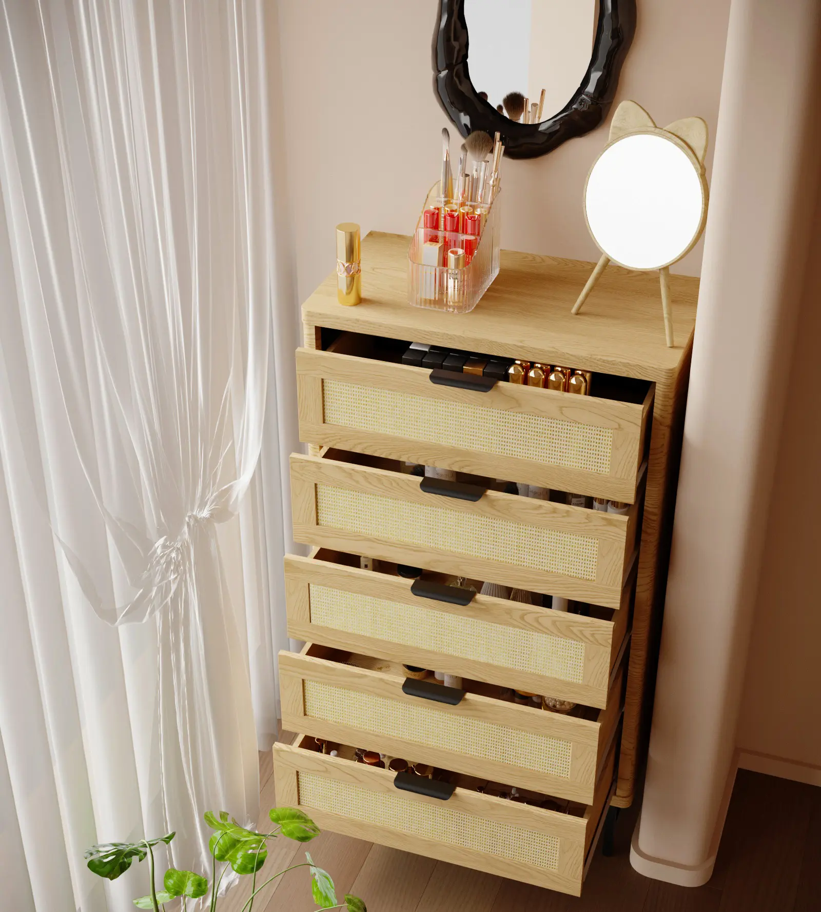 Dressing tables with 5 fabric drawers, natural rattan dressing tables, fabric wardrobe storage boxes, drawer cabinets, dressing tables with metal frames and wooden desktops, bedroom furniture, storage towers for living rooms, bedrooms, and hallways.