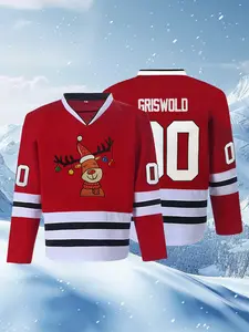 Men's Stitched Ice Hockey Jersey - Loose-Fit V-Neck with Christmas Deer - Style Number 00 Embellishment, All-Season Training & Game Apparel, Machine Washable Athletic Sports Clothing, Sports Jersey for Hockey Practice & Casual Wear