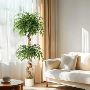Ficus Artificial Tree with Curved Trunk,5 ft Faux Plant Fake Silk Trees with White Pot, Fake Ficus Tree for Home Decor, Artificial Plants Indoor for Office Living Room