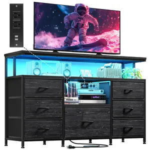 Raybee TV Stand with Charging Station & LED,  Drawer Dresser for Bedroom with Power outlets Entertainment Center for 55" TV Stand Dresser for Bedroom Entertainment Center with 7 Fabric Drawers and Wood Shelves for Living Room