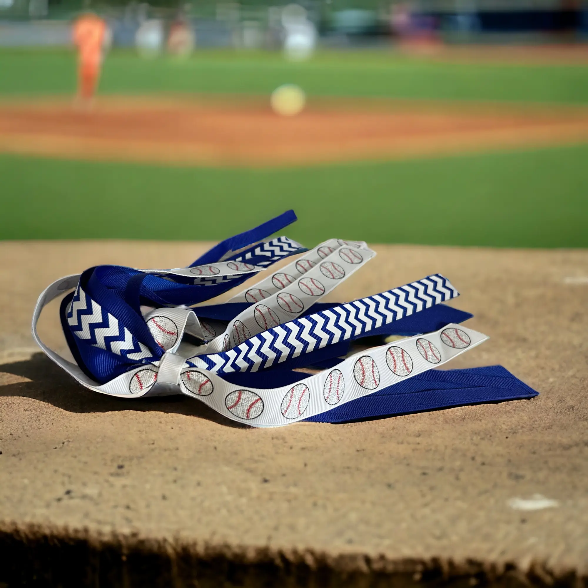 Baseball Glitter Ponytail Ribbon Bow, Royal Blue for Girl's, Sister Hair Tie