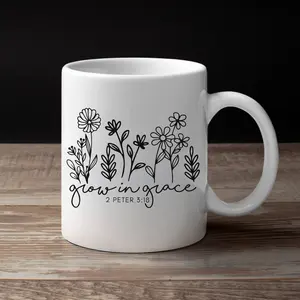 Religious Grow In Grace Ceramic Coffee Mug 11oz 15oz Black White, Christian Wildflowers Bible Verse Faith Scripture Gift for Christmas