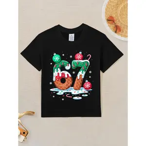 Boys' Christmas Graphic T-Shirt with 67 Ice Cream Drip & Candy Cane Stripes, Casual Athleisure Top, Moisture-Wicking for Holiday Parties, Athleisure Outfits