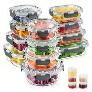 34pcs Glass Food Storage Containers With Lids Set, Airtight Glass Meal Prep Containers (17 Containers & 17 Lids),Leak Proof Lunch Containers, Microwave, Oven, Freezer, Dishwasher Kitchen Utensils Light Grey