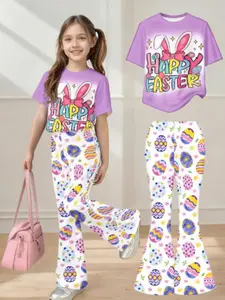 Girls' Easter Theme Happy Short Sleeve T-Shirt + Egg Print Lantern Pants Set, Sweet Holiday Style, Two-Piece, Perfect for Outdoor Wear