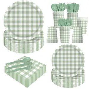 Green Gingham Party Dinnerware 140Pcs Set for 20 Guests with Plates, Cups, Napkins & Cutlery