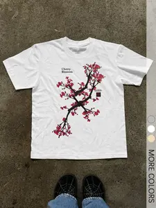 1PC Unisex Sakura Print Floral Geometric Short Sleeve Round Neck T-Shirt, Japanese Style Cherry Blossom Graphic Tee, Unisex Fitted Casual Top for Men and Women, Perfect for Four Seasons Streetwear