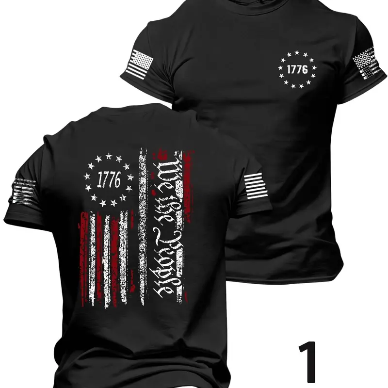 Men's Patriotic Flag Print T-Shirt, Classic Casual Round Neck Short Sleeve, Perfect Gift for Boyfriend or Husband, Summer Comfort Outdoor Wear Menswear Tops, Casual Summer Clothing