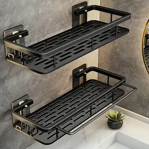 Black Rust-Proof 2-Pack Polished Metal Bathroom Shelves - Wall-Mounted No-Drill Hanging Shower Caddy for Shampoo and Conditioner Storage, Bathroom Accessories Organizer, Space-Saving Organizer with Hook - 8mm Tube Diameter