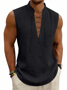 Men's linen tie-front crew-neck sleeveless baggy vest, cool and breathable, casual medieval Viking style, summer beach wear, men's outdoor sports vest, simple trendy fashion vest, Aesthetic Menswear