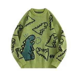 Men’s cartoon dinosaur print crew neck sweater pullover, regular fit casual long-sleeve jumper for autumn and winter, fashionable men’s knitwear for everyday wear