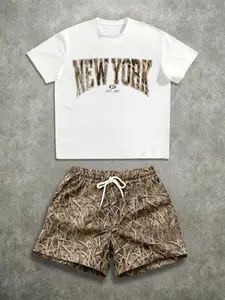 Men's Fashionable Printed Tee & Branch Shorts Set, Loose-Fitting Summer High Street Style, Casual Wear for Men