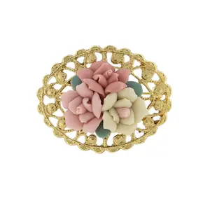 1928 Jewelry Pink And Ivory Genuine Porcelain Rose Cluster Filigree Pin