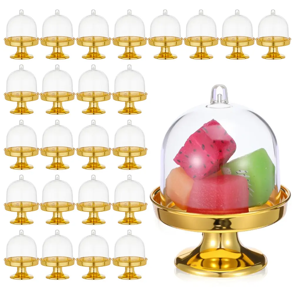 24 pcs Plastic Mini Cake Stand with Dome Clear Small Cake Display Stand Cupcake Containers Dessert Display Plate for Chocolate, Dessert, Wedding, Birthday, Tea Party Supplies