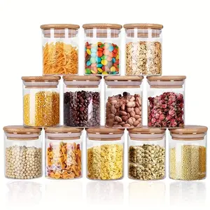 12-Pack Stackable 8oz Bamboo Glass Jars with Airtight Silicon Seal & Labels, Food Storage Containers for Kitchen & Pantry Organization, No BPA & Food Safe for Ingredients, Coffee Beans, Nuts, Candies, Gummies, Tea & Snacks, Home Organization Gadgets