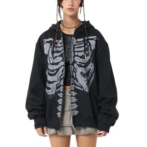 Women's Y2K Zip Up Hoodie Sweatshirt Gothic Skull Print Hooded Jacket Black Gothic Long Sleeve Zipper Hoodie Coat Streetwear