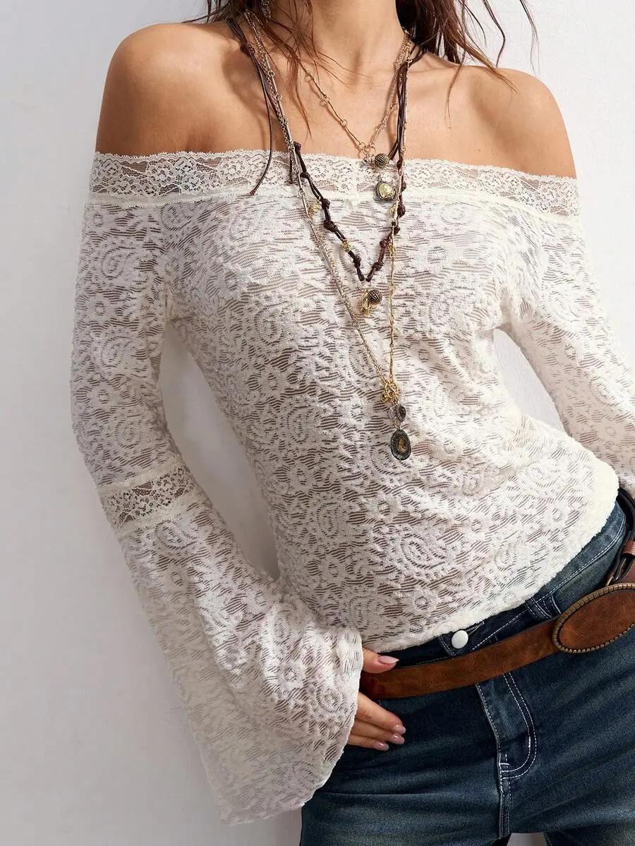 GRL Boho Vintage Casual Solid Color Knit Lace Off Shoulder Flare Sleeve Fitted Women Top