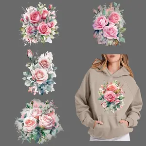 Pink Roses Pattern Iron-on DTF Transfer Sticker, 6 Counts/set Washable Heat Press Decals, Plastisol Patches for DIY T-shirts, Jeans, Backpacks, DIY Flower Decor
