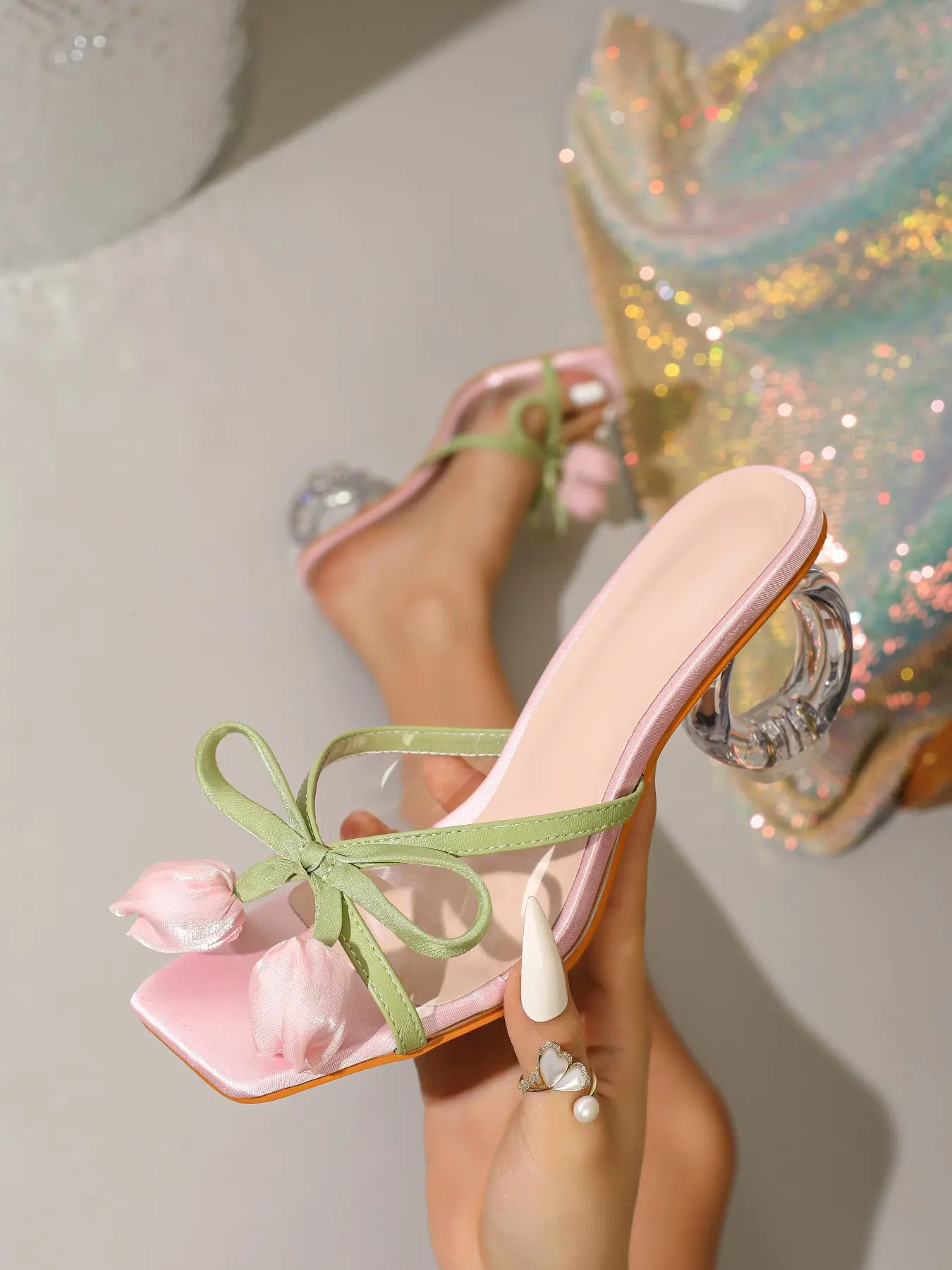 Tulip Decor Women High Heel Sandals with Peep Toe, PU Sole and 3D Floral Design, Fashionable Light Color Vacation Shoes for Spring and Summer Dates, Chic Summer Footwear, Fashionable Casual Sandals