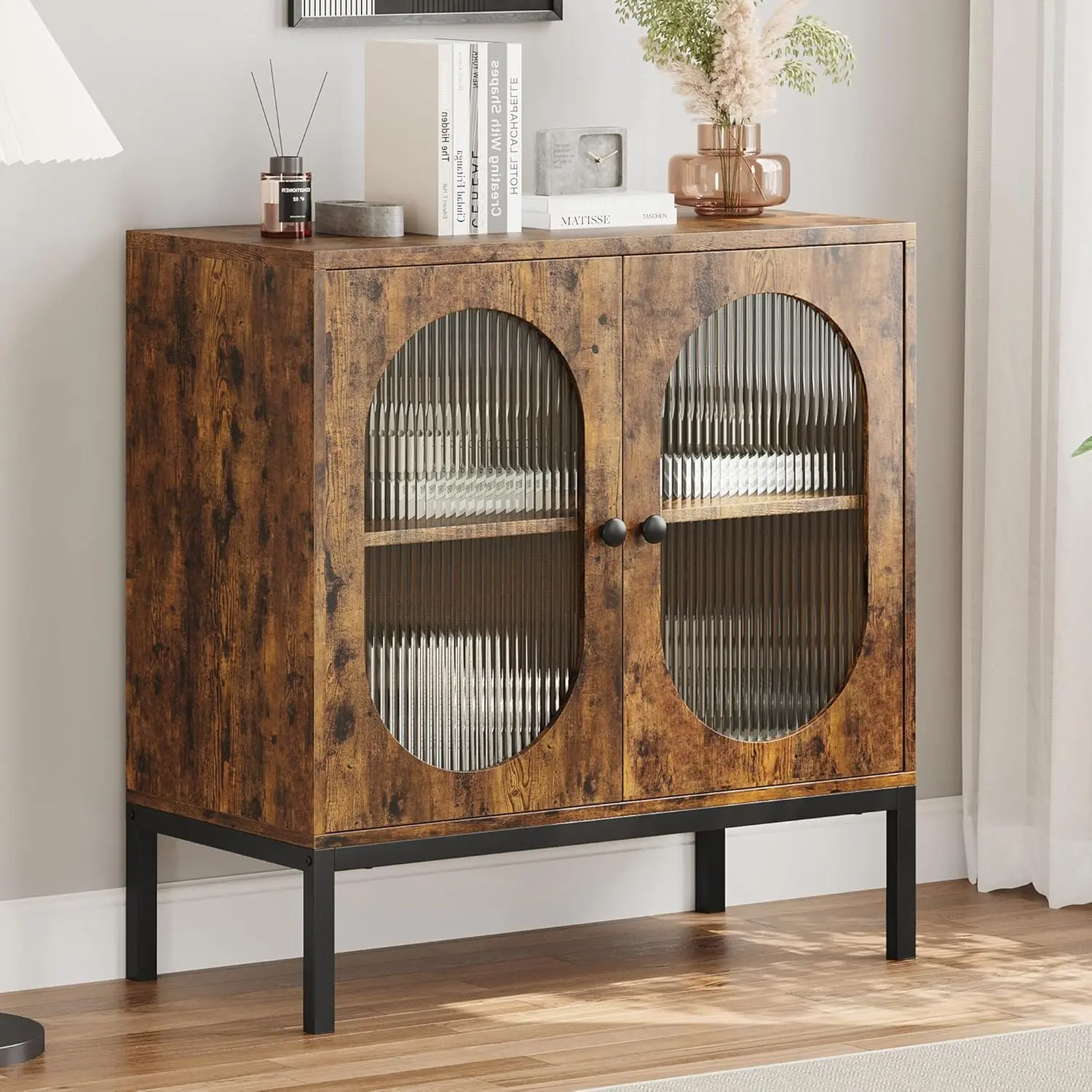 Sideboard Buffet Cabinet, Rattan Buffet Cabinet with Doors and Shelves, Accent Modern Storage for Living Room, Dining Room, Hallway (Vintage)