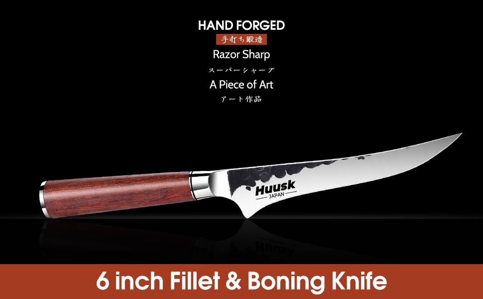 Huusk Hand Forged 6 Inch Fillet Knife with Rosewood Handle and Gift Box for Meat, Fish, and Poultry - Japanese Deboning Knife - Metal, Kitchen Knife, BlackFriday Christmas Gift