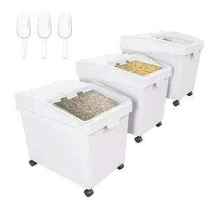 10.5-Gallon Ingredient Bin, 3 Pcs PP Shelf Storage Bins with Wheels, Clear Sliding Lid & Scoop, White Boxes Kitchen
