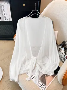 Women's Summer Beach Vacation Casual Long Sleeve Hollow Out Knit Cardigan Sweater, Pure Color Breathable Mesh Top for Holiday