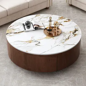 Rustic Round Coffee Table with 2 Drawers and Sintered Stone Top, Modern Living Room Center Table