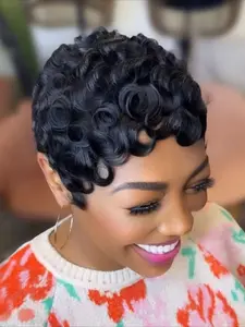Curly Wave Wig Pixie Cut Wig for Women Human Hair Wig Full Machine Made Wig 150% Density 6 Inch Glueless Frontal Wig