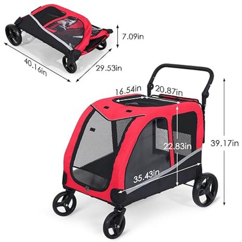 Large Dog Stroller Red Foldable Design with Adjustable Handle for 2 Dogs Up to 160 lbs Pet Wagon Carriage with Pocket