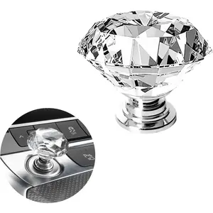 Car One-Touch Start Button with Push-to-Start Rocker Lever, Engine Start/Stop Joystick, and Full Metal Ball-bar Starter Cover for Decorative Accessories (Diamond - Transparent)