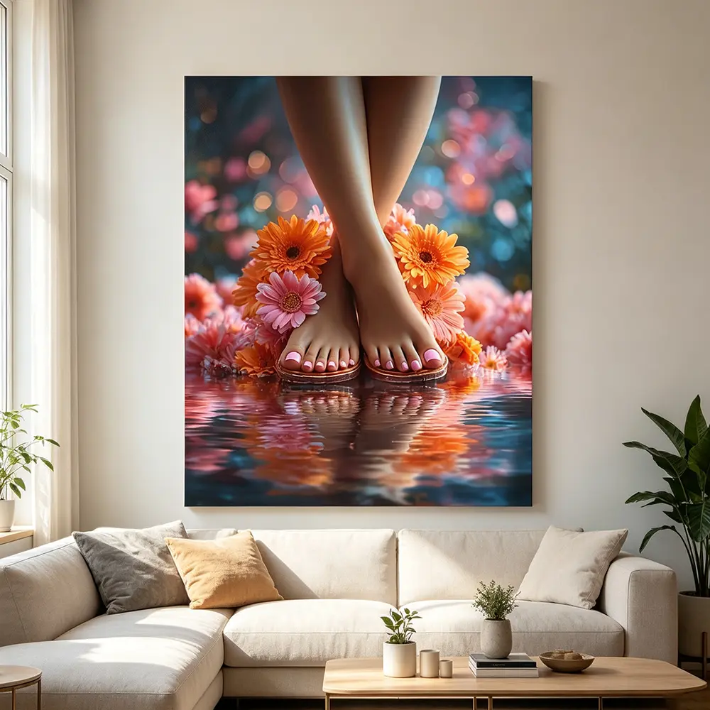 2D Flat 1-piece spa pedicure wall art canvas painting - Serene feet with floral nail design. Living room wall decoration, room decoration, home decoration - Perfect gift for housewarming, birthday