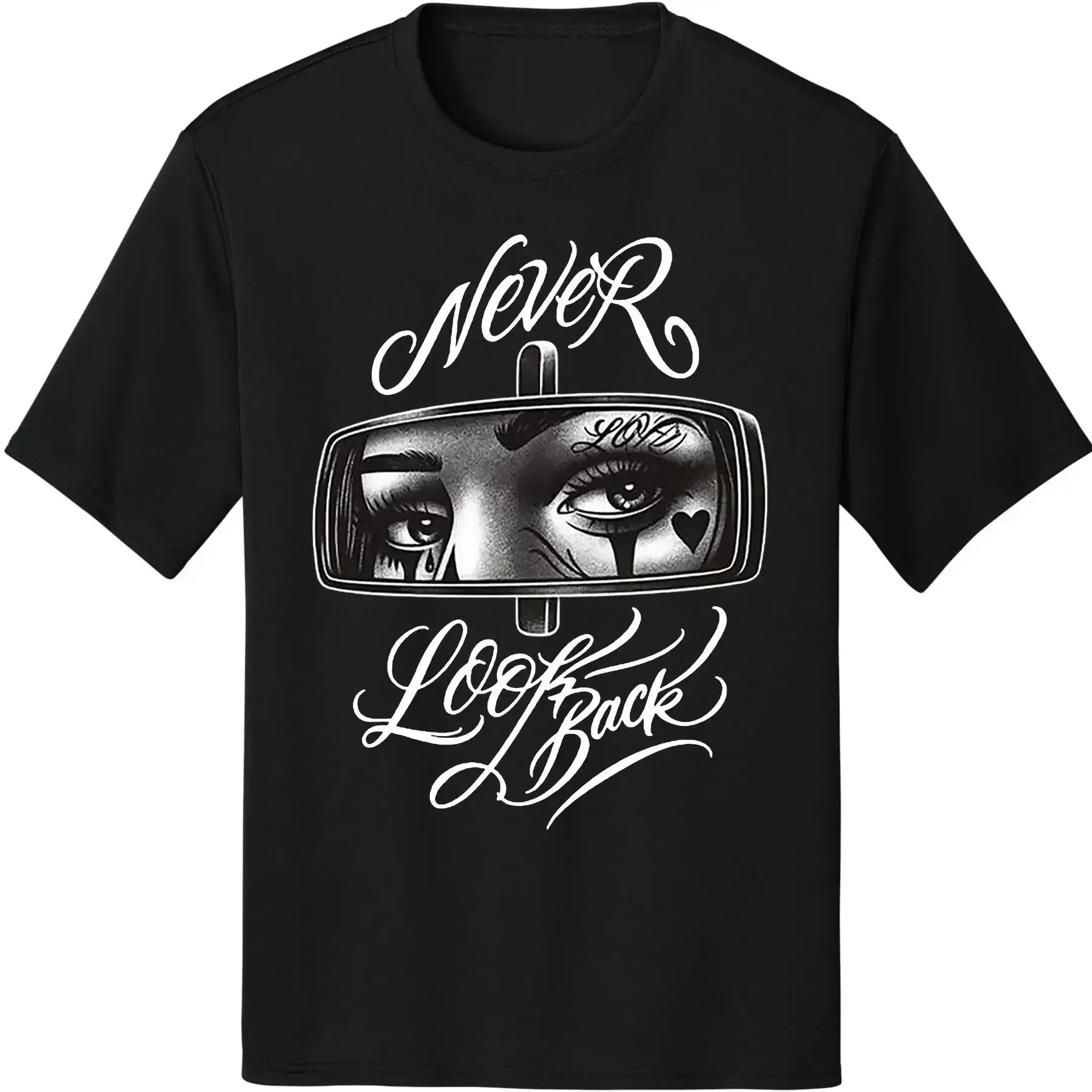 Never and Look Art Chicano T-Shirt – Chicana Art Graphic Tee, Lowrider & Cholo Streetwear, Gangster Style Urban Fashion, Unisex Casual Top for Men & Women, Latino Culture Inspired Shirt graphic tees