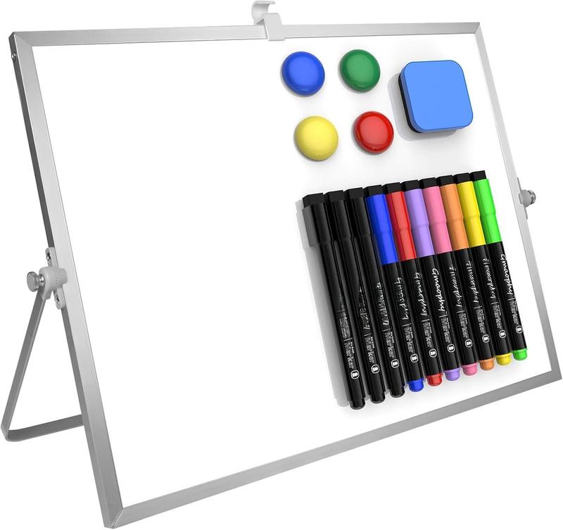 Dry Erase White Board, 16inX12in Large  Desktop Whiteboard with Stand, 10 Markers, 4 , 1 Eraser, Portable Double-Sided White Board Easel for  Memo  Desk School