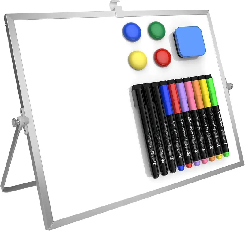 Dry Erase White Board, 16inX12in Large  Desktop Whiteboard with Stand, 10 Markers, 4 , 1 Eraser, Portable Double-Sided White Board Easel for  Memo  Desk School