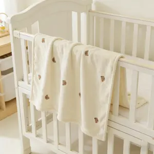 Newborn Baby Blanket, Adorable Embroidered Cartoon Bear Pattern, Soft & Cozy Fleece Material, Ideal for Fall/winter Seasons