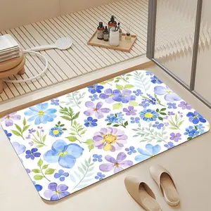 Watercolor Blue & Purple Wildflower Botanical Print Diatomaceous Earth Bath Mat, 16*24 Inch |   Ultra Fast Absorbent Quick Dry Non Slip Anti-Mold Soft Diatomite Shower Floor Mat Easy Clean Stylish Boho Floral Bathroom Decor for Home & Apartment
