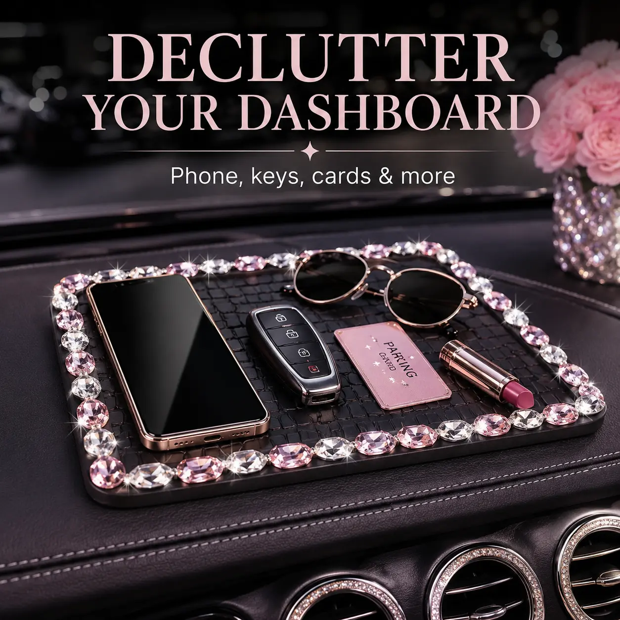 Bling Rhinestone Car Anti-Slip Dashboard Mat, Luxury Crystal Diamond Phone Key Organizer Pad, Aesthetic Pink Non-Slip Vehicle Interior Sticky Holder, Gift for Her