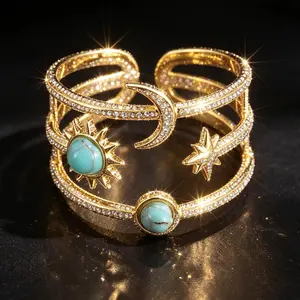 Boho Sun Moon Star Open Ring, Layered Golden Tone Band with Imitate Turquoise Accents, Adjustable Design for All Fingers, Perfect for Everyday Wear, Layering, or Adding a Celestial Vibe to Your Casual Outfits stainless steel jewelry