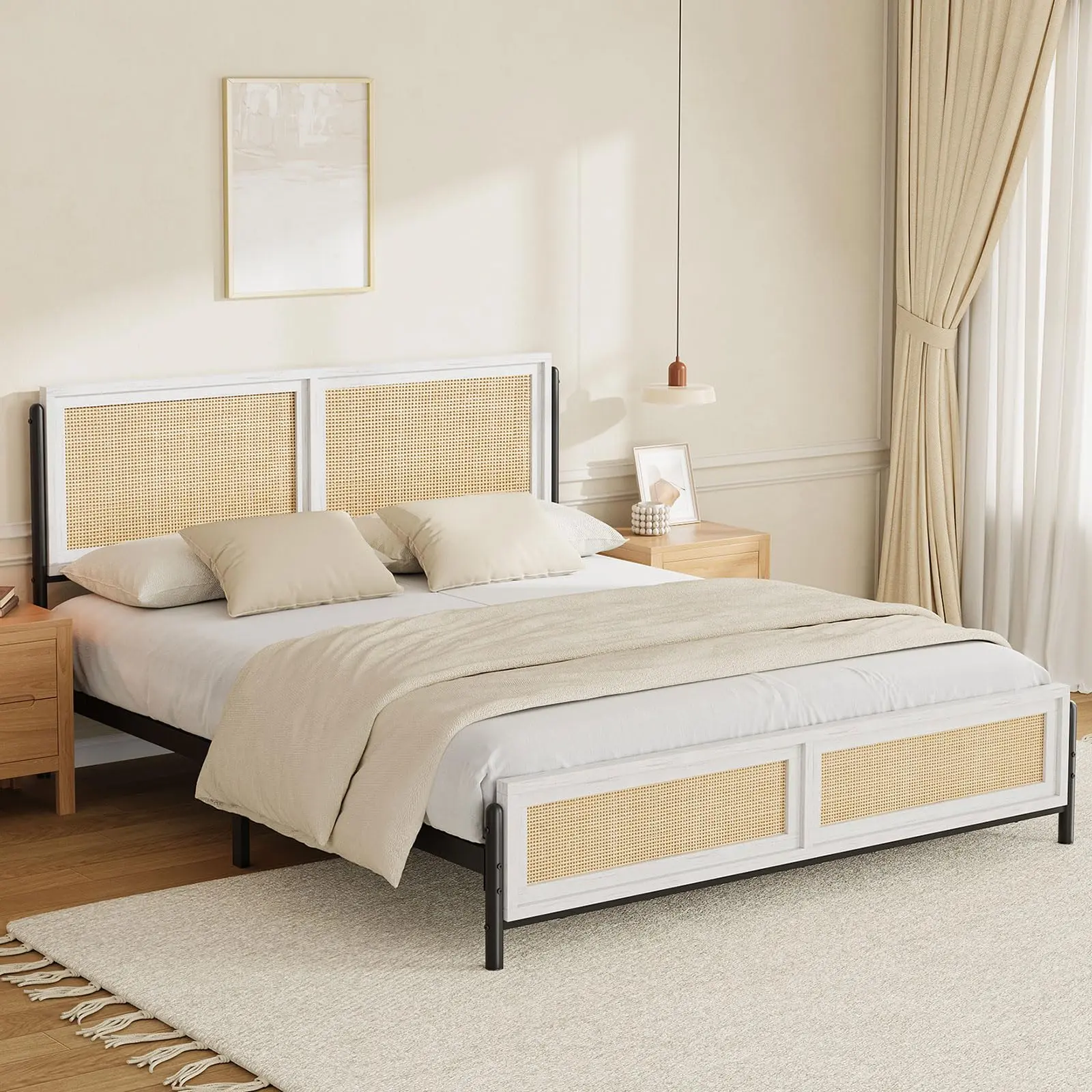 Boho Style Sturdy Wood Queen/Full Bed Frame with Natural Rattan Headboard & Footboard - Noise-Free, Easy Assembly, Modern Bedroom Furniture - No Box Spring Needed