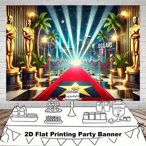 2D Flat, 1pc Oscar Party Banner - Hollywood Red Carpet Awards Ceremony Decorations with Golden Statues, Heavyweight Polyester Banner for Academy Awards, Birthday, Wedding, Film Festival - Indoor/Outdoor Party Decorations - Best Movie Lover Gift Idea,