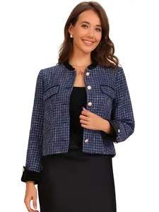 INSPIRE CHIC Women's Elegant Tweed Plaid Suit Blazer Button Winter Fall Work Office Short Jacket Coat