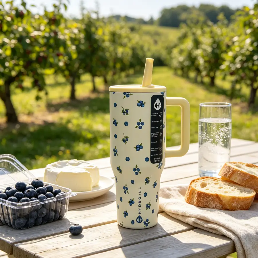 40 oz Lueberry Fruit Print HydroJug-Style Insulated Stainless Steel Tumbler with Handle - Insulation Travel Cup, Cute Aesthetic Iced Coffee Mug, Thermal Water Bottle for Car, Office Use