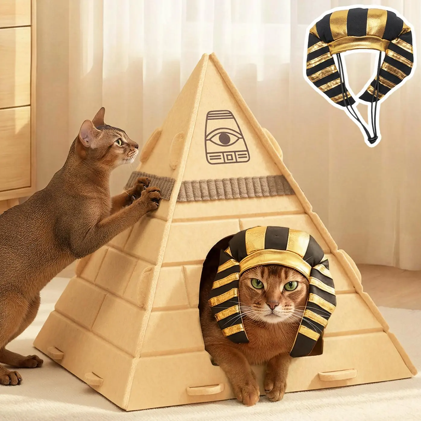 Cat Cave Bed for Indoor Cats – Scratch-Resistant Felt Cat House Hideaway with Pharaoh Headdress, Cozy Kitty Hut for Small to Medium Pets