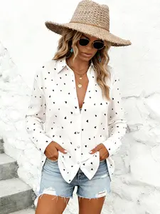 Large Size Women's Heart Print Long Sleeve Casual Button Collared Shirt, Couple Gift, Casual Fashion, Comfortable Fit, Perfect for All Seasons