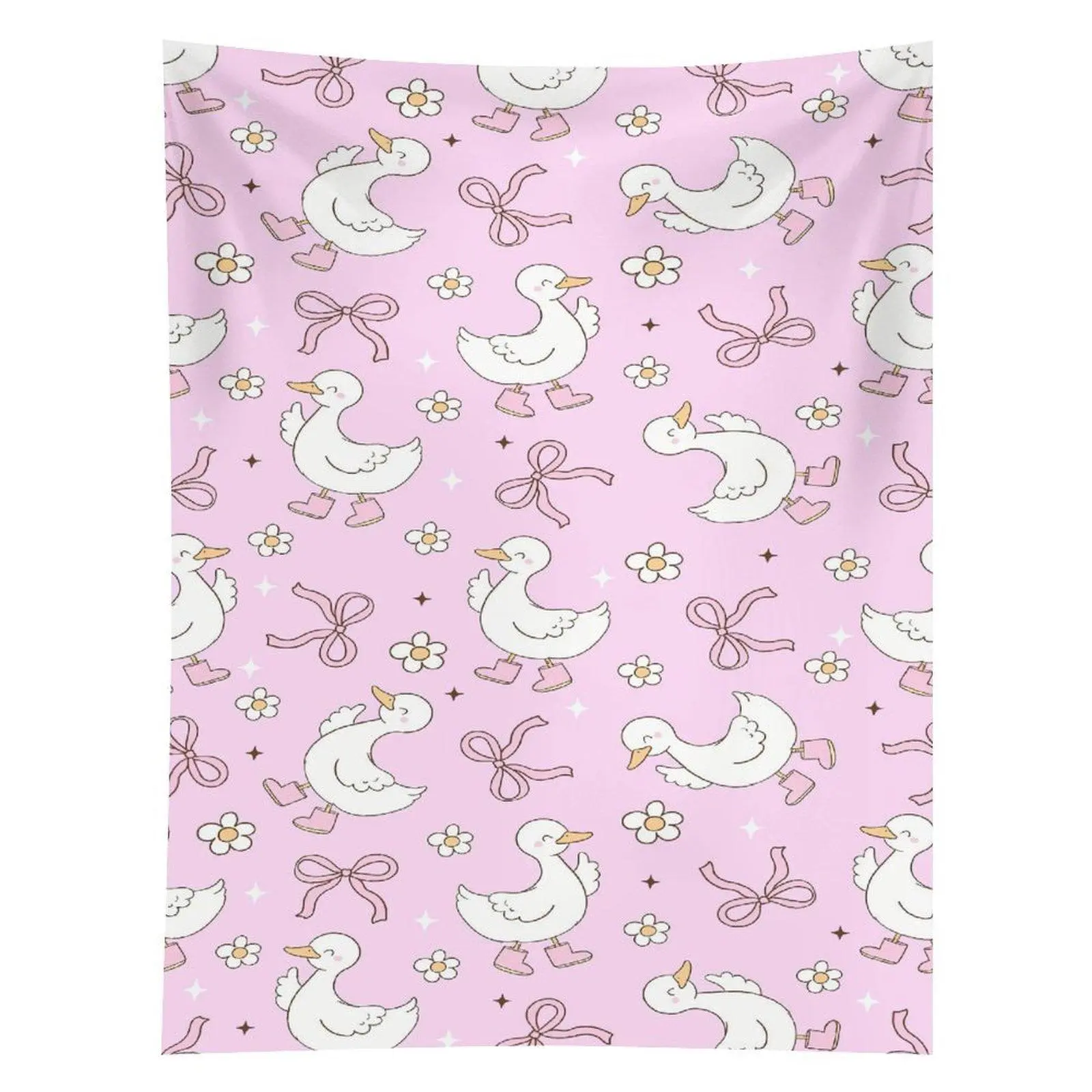 Cute Duck Pink Bow Tapestry Daisy Flower Kawaii Goose Wall Hanging Decor