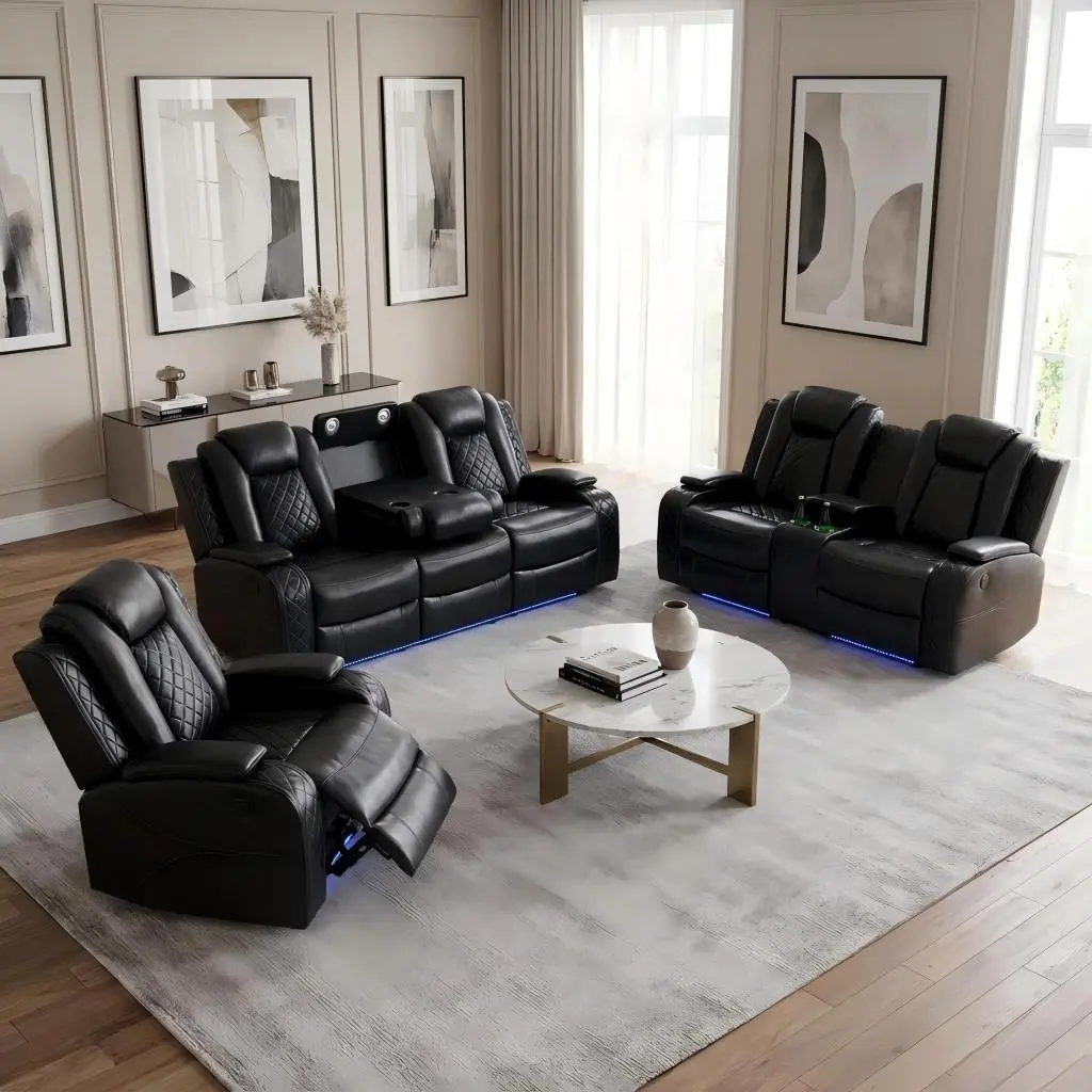 Black Breathing Leather 3-Piece Living Room Recliner Sofa Set