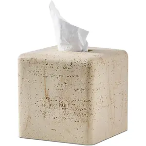 Natural Travertine Texture Handmade Resin Tissue Box Cover, Heavy Duty Tissue Box Holder for Home Bathroom Countertop Tabletop Bedside Office Decor