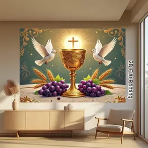 2D Flat 1PC Polyester Banner, Communion Theme Chalice Dove Grape Wheat, Smooth Draping & Fade Resistant, Retro Luxury Style, for Church Decor, Communion Ceremony, Religious Event, Memorial Photography Backdrop, Indoor & Outdoor Use